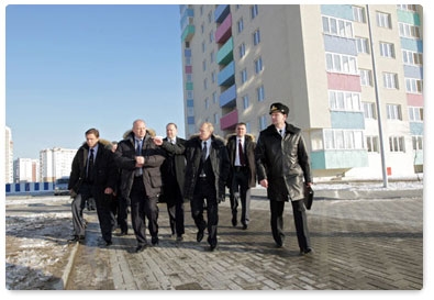 Prime Minister Vladimir Putin tours the Severny residential district in Kaliningrad, which is being developed for Baltic Fleet officers