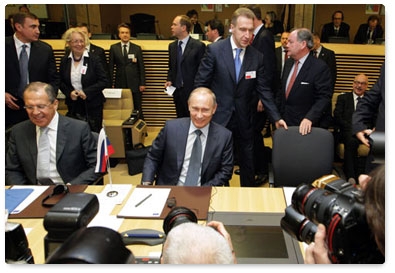 Prime Minister Vladimir Putin attends a meeting of the Russian government and the EU Commission in Brussels