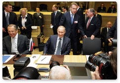 Prime Minister Vladimir Putin attends a meeting of the Russian government and the EU Commission in Brussels