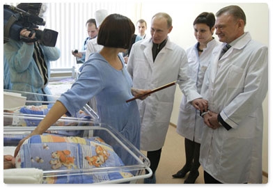 Prime Minister Vladimir Putin visits a new perinatal centre during his trip to the Ryazan Region