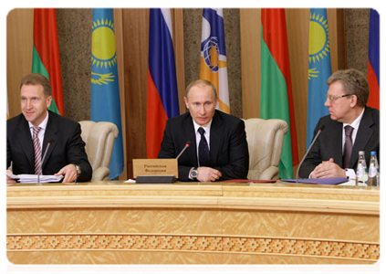 Prime Minister Vladimir Putin participating in a meeting of the prime ministers of the EurAsEC Interstate Council, the supreme body of the Customs Union|15 march, 2011|22:50