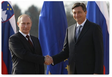 Prime Minister Vladimir Putin arrives on visit to Ljubljana and meets with Slovenian Prime Minister Borut Pahor