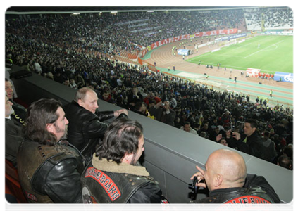 Vladimir Putin meets with members of a motorcycle club and attends a game between youth football clubs Zenit and Crvena Zvezda|23 march, 2011|22:51