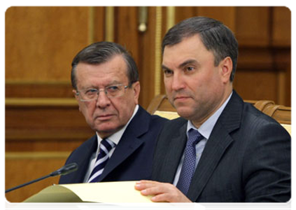 First Deputy Prime Minister Viktor Zubkov and Deputy Prime Minister and Chief of Government Staff Vyacheslav Volodin at a meeting of the Government of the Russian Federation|24 march, 2011|17:22