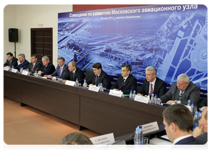 Prime Minister Vladimir Putin chairing a meeting at Sheremetyevo Airport on the development of the Moscow air traffic hub|28 march, 2011|18:38