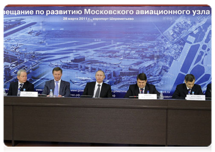 Prime Minister Vladimir Putin chairing a meeting at Sheremetyevo Airport on the development of the Moscow air traffic hub|28 march, 2011|18:44