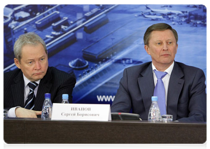 Minister of Regional Development Viktor Basargin and Deputy Prime Minister Sergei Ivanov at the meeting on the development of the Moscow air traffic hub|28 march, 2011|18:44