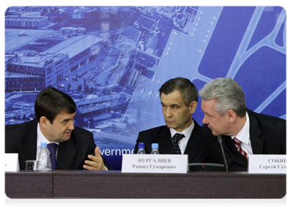 Transport Minister Igor Levitin, Interior Minister Rashid Nurgaliyev, and Moscow Mayor Sergei Sobyanin at the meeting on the development of the Moscow air traffic hub|28 march, 2011|18:44