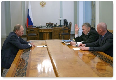 Prime Minister Vladimir Putin meets with Deputy State Duma Speaker and Liberal Democratic Party leader Vladimir Zhirinovsky and LDPR parliamentary leader Igor Lebedev