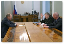 Prime Minister Vladimir Putin meets with Deputy State Duma Speaker and Liberal Democratic Party leader Vladimir Zhirinovsky and LDPR parliamentary leader Igor Lebedev