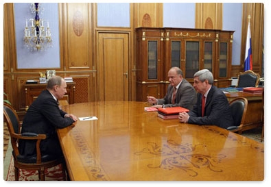 Prime Minister Vladimir Putin meets with Gennady Zyuganov, the leader of the Communist Party of the Russian Federation and of the Communist group in the State Duma, and Ivan Melnikov, deputy chairman of the party