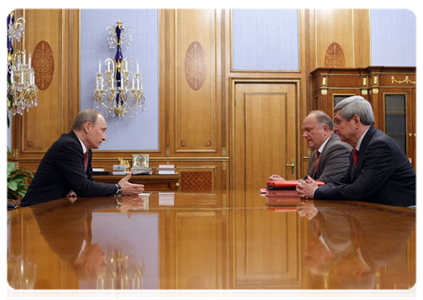 Prime Minister Vladimir Putin with Gennady Zyuganov, the leader of the Communist Party of the Russian Federation and of the Communist Party in the State Duma, and Ivan Melnikov, deputy chairman of the party|13 april, 2011|19:03