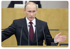 Prime Minister Vladimir Putin delivers a report on the government’s performance in 2010 in the State Duma