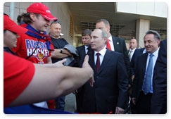Prime Minister Vladimir Putin talks to hockey fans in Bratislava