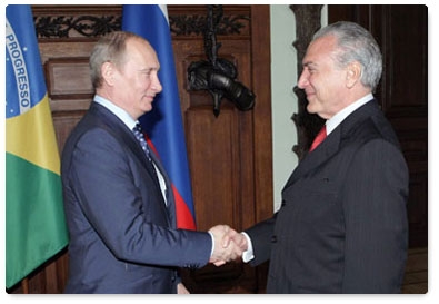 Prime Minister Vladimir Putin meets with Brazilian Vice President Michel Temer as part of the high-level Russian-Brazilian commission for cooperation