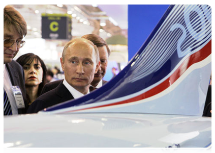 Prime Minister Vladimir Putin at the International Paris Air Show in the suburb of Le Bourget, where he observed the Russian Be-200 and Sukhoi Superjet 100 in flight|21 june, 2011|19:24