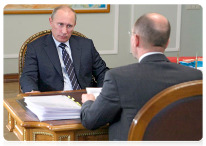 Prime Minister Vladimir Putin with Sergei Kiriyenko, head of the Rosatom State Corporation|24 june, 2011|12:09