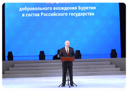 Prime Minister Vladimir Putin speaking at a meeting devoted to the 350th anniversary of Buryatia’s voluntary accession into Russia|1 july, 2011|15:20