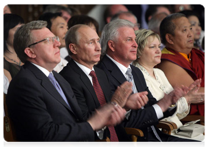 Prime Minister Vladimir Putin, Deputy Prime Minister and Finance Minister Alexei Kudrin and Head of the Republic of Buryatia Vyacheslav Nagovitsyn at a meeting devoted to the 350th anniversary of Buryatia’s voluntary accession into Russia|1 july, 2011|15:22