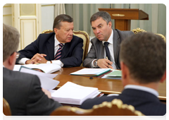 First Deputy Prime Minister Viktor Zubkov and Deputy Prime Minister and Chief of Staff of the Government Executive Office Vyacheslav Volodin at a meeting of the Government Presidium|21 july, 2011|16:41