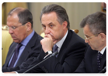 Minister of Foreign Affairs Sergei Lavrov, Minister of Sport, Tourism and Youth Policy Vitaly Mutko, and Minister of Internal Affairs Rashid Nurgaliyev at a Government meeting|7 july, 2011|16:38
