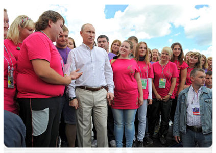 Prime Minister Vladimir Putin visits booths and speaks with participants at the Seliger-2011 International Youth Forum|1 august, 2011|18:08