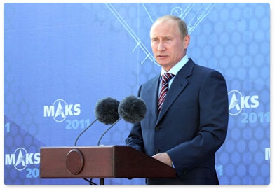 Prime Minister Vladimir Putin speaks at the opening ceremony of the 10th International Aviation and Space Show, MAKS-2011