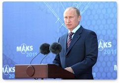 Prime Minister Vladimir Putin speaks at the opening ceremony of the 10th International Aviation and Space Show, MAKS-2011