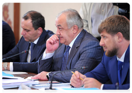 Head of Karachayevo-Circassian Republic Rashid Temrezov, head of North Ossetia-Alania Republic Taimuraz Mamsurov, and head of Chechen Republic Ramzan Kadyrov at a meeting of the Government Commission on the Socio-Economic Development of the North Caucasus Federal District|3 august, 2011|18:10