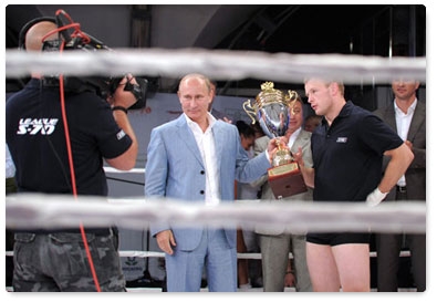 Prime Minister Vladimir Putin visits the Plotform S-70 Mixed Martial Arts International Tournament in Sochi and attends the awards ceremony