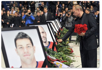 Prime Minister Vladimir Putin attends in Yaroslavl a memorial service for the members of the Lokomotiv Yaroslavl ice hockey team killed in a plane crash