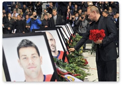 Prime Minister Vladimir Putin attends in Yaroslavl a memorial service for the members of the Lokomotiv Yaroslavl ice hockey team killed in a plane crash