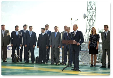 Prime Minister Vladimir Putin attends the naming ceremony for the Vyacheslav Tikhonov research vessel