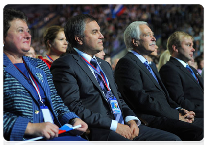 Deputy Speaker of the Federation Council Svetlana Orlova, Deputy Prime Minister and Chief of the Government Executive Office Vyacheslav Volodin and State Duma Speaker Boris Gryzlov|24 september, 2011|14:18