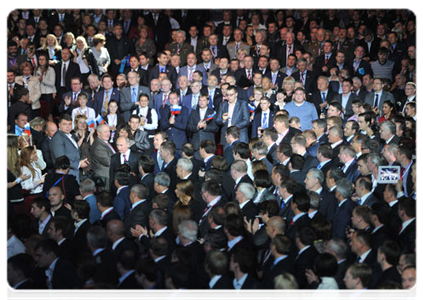 President Dmitry Medvedev and Prime Minister Vladimir Putin at the XII conference of the United Russia party|24 september, 2011|14:18