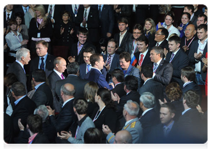 President Dmitry Medvedev and Prime Minister Vladimir Putin at the XII conference of the United Russia party|24 september, 2011|14:18