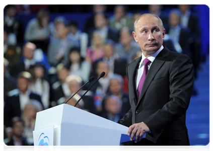 Prime Minister Vladimir Putin at the XII conference of the United Russia party|24 september, 2011|15:56