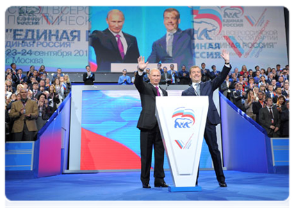 President Dmitry Medvedev and Prime Minister Vladimir Putin at the XII conference of the United Russia party|24 september, 2011|16:51