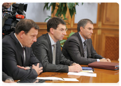 Deputy Prime Minister and Chief of the Government Staff Vyacheslav Volodin, Minister of Communications and Mass Media Igor Shchegolev and Deputy Minister of Communications and Mass Media Ilya Massukh|26 september, 2011|11:57