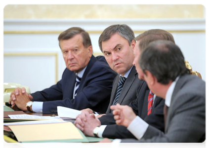 First Deputy Prime Minister Viktor Zubkov and Deputy Prime Minister and Chief of the Government Staff Vyacheslav Volodin at a meeting of the Government Presidium|27 september, 2011|19:10