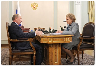 Prime Minister Vladimir Putin meets with Federation Council Chairperson Valentina Matviyenko