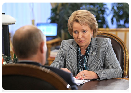 Federation Council Chairperson Valentina Matviyenko at a meeting with Prime Minister Vladimir Putin|29 september, 2011|19:22