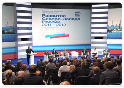 Prime Minister Vladimir Putin attending a United Russia party interregional conference, Strategy of Social and Economic Development for Russia’s Northwestern Regions to 2020: Programme for 2011-2012, in Cherepovets|5 september, 2011|16:54