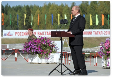 Prime Minister Vladimir Putin addresses attendees of the 8th International Exhibition of Arms, Military Equipment and Ammunition in Nizhny Tagil
