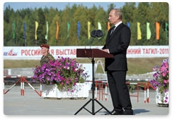 Prime Minister Vladimir Putin addresses attendees of the 8th International Exhibition of Arms, Military Equipment and Ammunition in Nizhny Tagil
