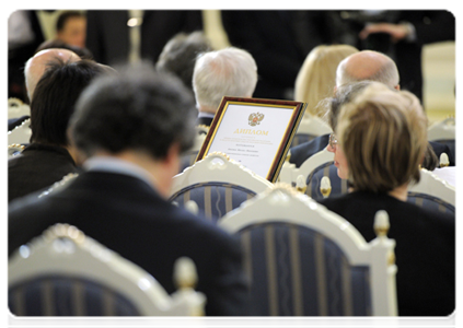 Церемония вручения премий Правительства Российской Федерации 2011 года в области печатных средств массовой информации|13 января, 2012|14:22