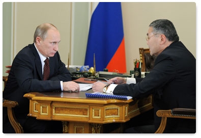Prime Minister Vladimir Putin meets with the Head of the Republic of Kalmykia, Alexei Orlov