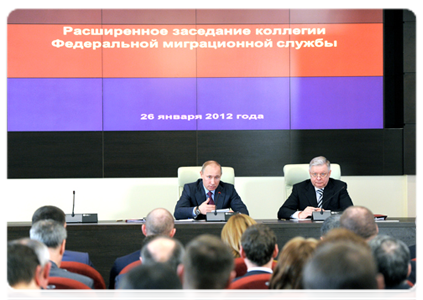 Prime Minister Vladimir Putin at an expanded meeting of the Board of the Federal Migration Service|26 january, 2012|15:15