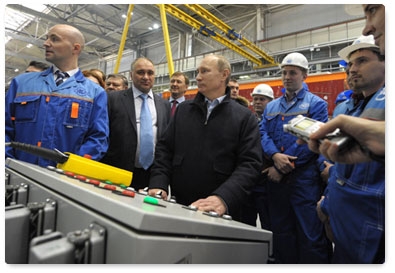 Prime Minister Vladimir Putin, currently on a working visit to the Leningrad Region, visits the Tikhvin train carriage factory to attend the launch ceremony for serial production