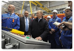 Prime Minister Vladimir Putin, currently on a working visit to the Leningrad Region, visits the Tikhvin train carriage factory to attend the launch ceremony for serial production